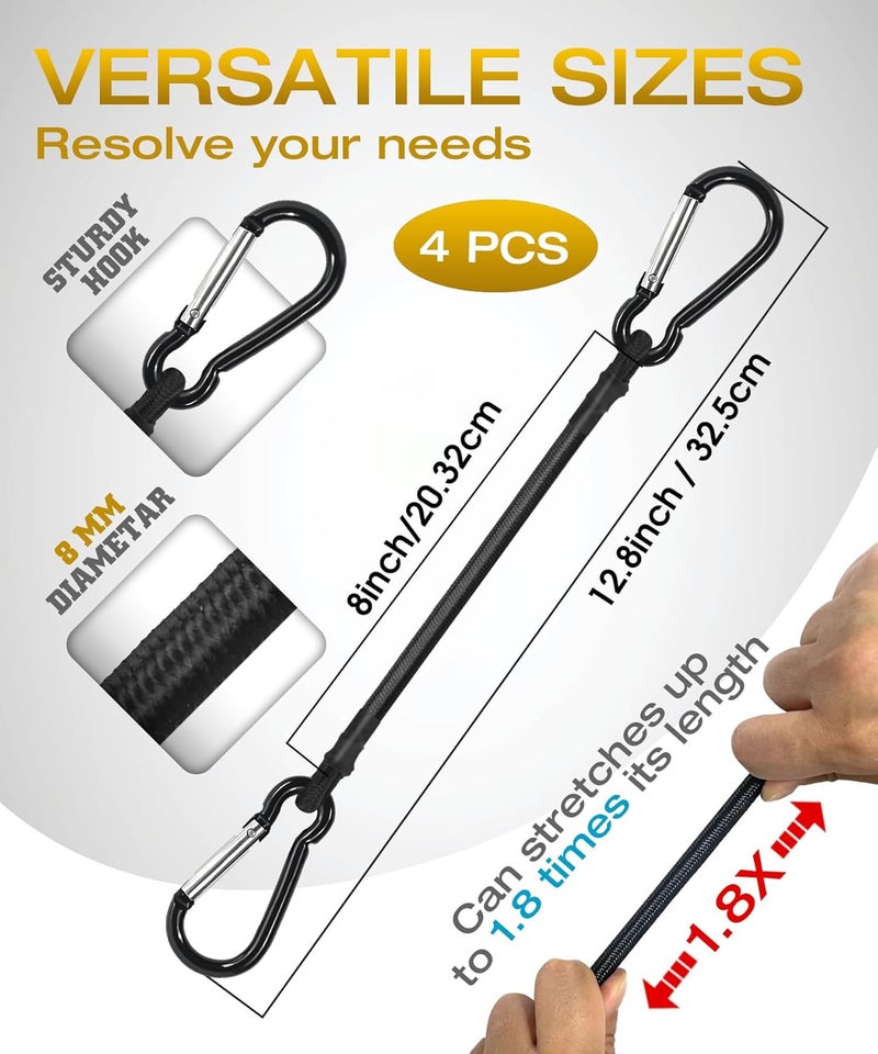 Digank Bungee Cords with Hooks – 12 Inch Elastic Tie Down Straps with Carabiner, 4 Ball Bungee Cords 8 Inch, Max Load 78 lbs for Car Trunk, Camping Gear, Bike Cargo, Garage Tools & Outdoor Storage– Black - Image 3
